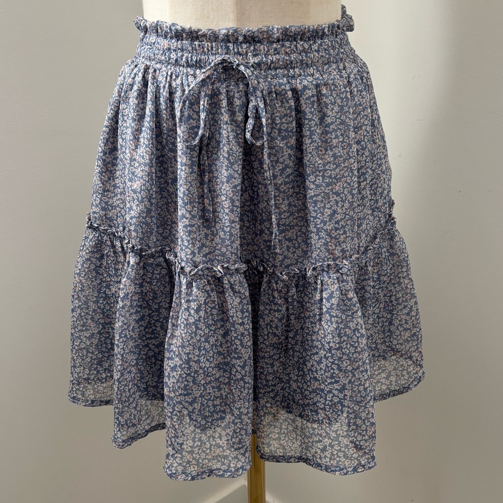 Blue Ruffle Floral Tiered Mini Skirt